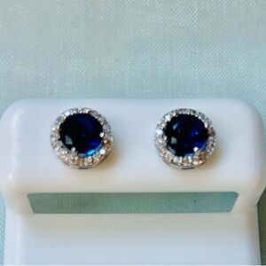 Blue‎ sapphire Sterling Silver Halo Stud Earrings